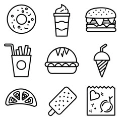 Black and white line art icons of food and drinks donut ice cream