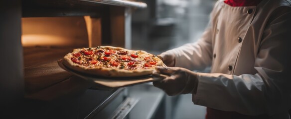 The chef pulls a freshly baked pizza from the oven with care.