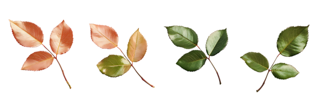 A collection of small rose leaf twigs with five leaves isolated against a flat background.