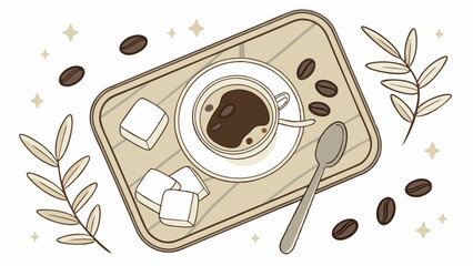 Overhead view of a coffee cup on a tray with sugar cubes and beans.