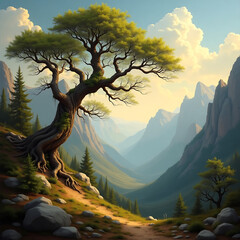 Majestic Mountain Valley Landscape with Ancient Tree