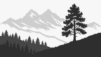 A grayscale landscape featuring a tall tree on a hill, with mountains in the background and a forest in the foreground.