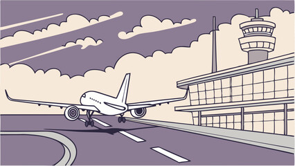 Airplane landing at airport, approaching terminal building under cloudy sky.