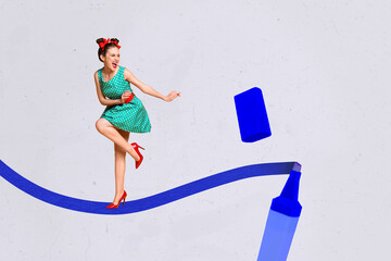 Sketch design trend artwork poster 3D photo collage of pinup style young lady dance line drawing...