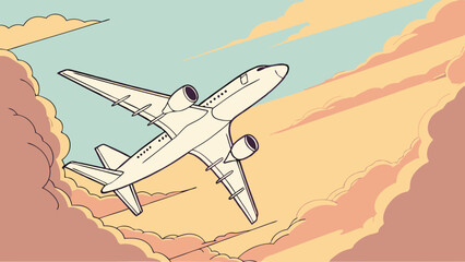 A stylized airplane soaring through a colorful sky with fluffy clouds, traveling.