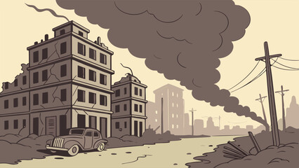 Post-apocalyptic cityscape; smoke billows over ruined buildings and a lone vintage car sits amidst the debris.