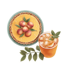 Delicious peach tart and refreshing juice food illustration transparent background illustrator style
