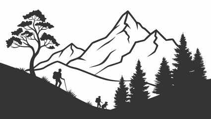 Silhouette of hikers ascending a mountain path, trees in the foreground.
