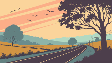 A scenic landscape illustration with a winding road, trees, fields, and birds under a pastel-colored sky.