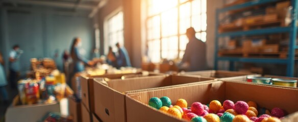 The vibrant scene of volunteers organizing colorful items in a warehouse.