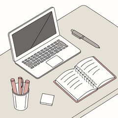 Flat lay illustration of a laptop, notebook, pens, and other office supplies on a table.