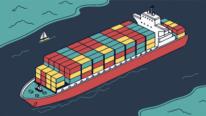 A large container ship sails across the ocean, carrying numerous colorful cargo containers, a small sailboat visible in the distance.