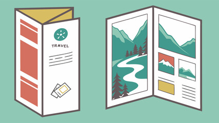 A stylized brochure illustration depicting travel information, showcasing landscapes and design.