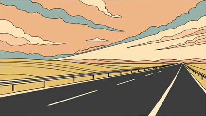 An illustration of a long, straight highway stretching into the distance under a cloudy sky.