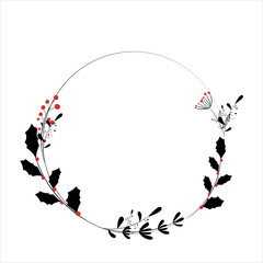 Simple black and red drawing. Christmas wreath