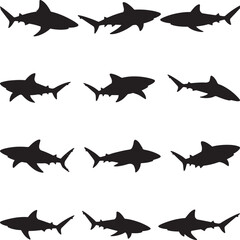 Shark silhouettes set isolated on white background marine life vector collection  
