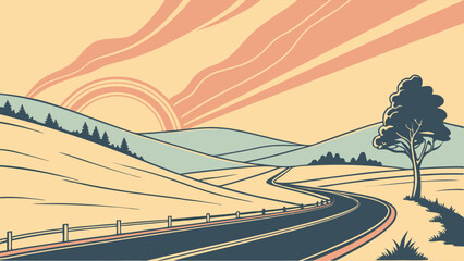 A stylized illustration of a winding road through a landscape of rolling hills at sunset.