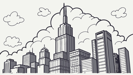 A hand-drawn cityscape illustration featuring a prominent skyscraper enveloped in clouds.