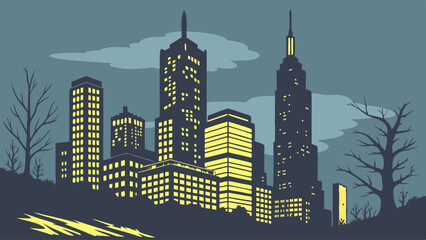 A stylized illustration of a city skyline at night with illuminated buildings.