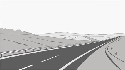 A grayscale illustration of a road stretching into the distance, with fields and hills in the background under a bright sky.