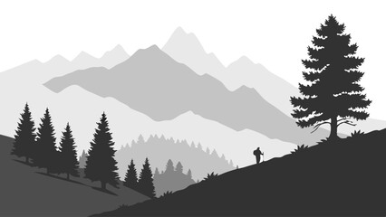 Solitary hiker silhouetted against majestic grayscale mountains and evergreen trees.
