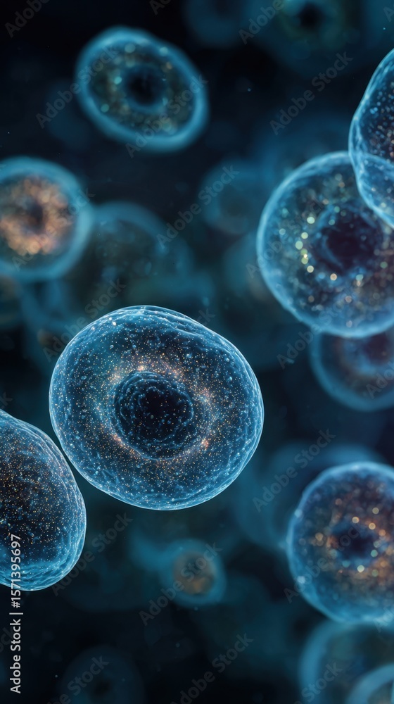 Poster microscopic view of glowing blue cells floating in a dark environment, highlighting cellular structu