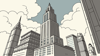Cartoon cityscape featuring tall buildings and skyscrapers against a cloudy sky.