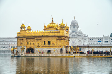 Golden Temple (Harmandir Sahib) in Amritsar, India. Sacred Sikh shrine covered in gold, surrounded by the holy Sarovar and known for its spiritual serenity.