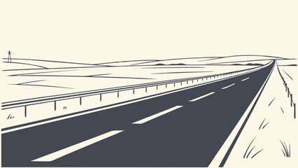 A long, straight highway stretches across a gently rolling landscape under a pale sky.