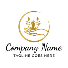 Elegant Holistic Wellness Logo Featuring Yoga Silhouette in Golden Circle with Supportive Hand and Foliage Accents