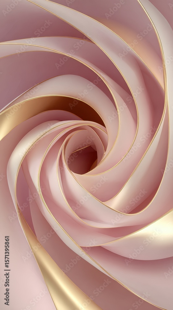 Poster a close-up view of elegantly twisted, soft pink and gold fabric creating a smooth, spiraling pattern