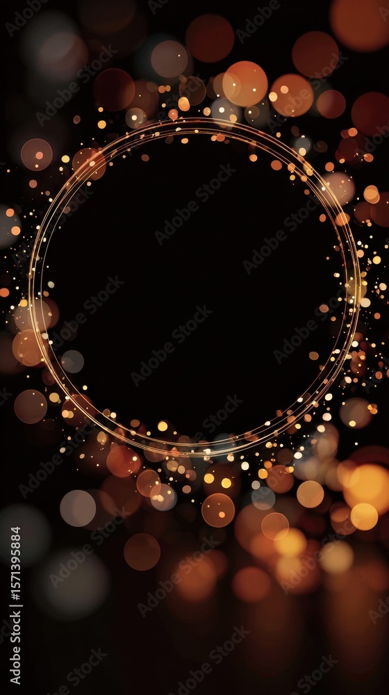 Poster a glowing circular frame surrounded by warm, scattered bokeh lights on a dark background, creating a