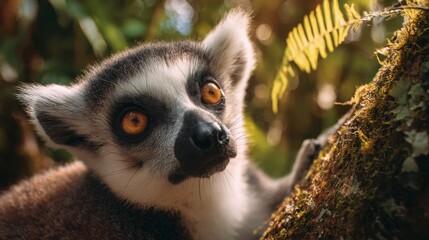 Obraz premium Сlose-up of a curious ring-tailed lemur on a mossy tree branch in a tropical forest