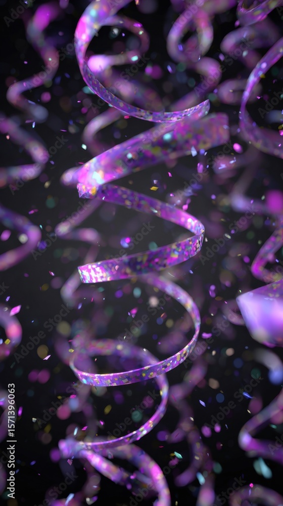 Poster close-up of glowing purple spirals with scattered colorful confetti on a dark background, creating a
