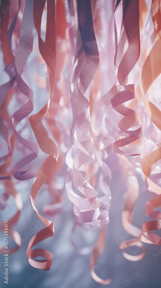 Poster soft pink and lavender curling ribbons hang down gracefully, creating an elegant and festive atmosph
