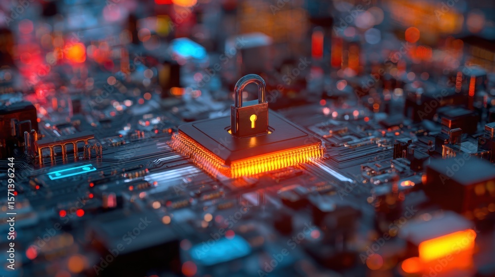 Aufkleber a glowing padlock sits atop a microchip on a circuit board, symbolizing cybersecurity and data prote