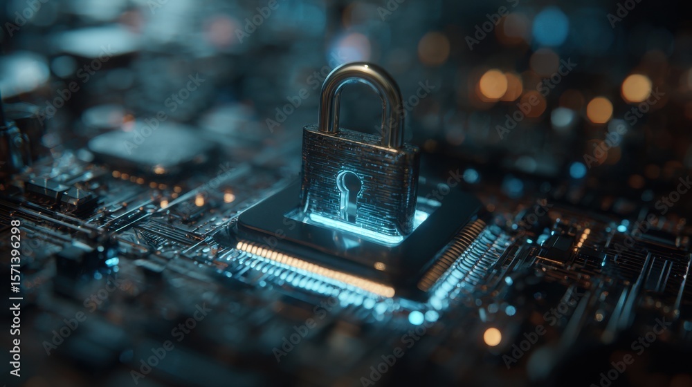 Poster a glowing padlock symbolizing cybersecurity sits atop a microchip on a dark, futuristic circuit boar