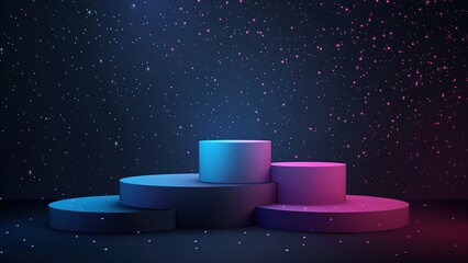 Empty round geometric cylinder podiums in blue and pink tones against a starry night background for product display.