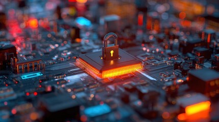A glowing padlock sits atop a microchip on a circuit board, symbolizing cybersecurity and data protection in advanced technology systems.