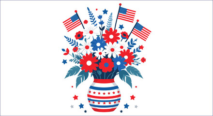 Patriotic Floral Arrangement With American Flags In Vase On White
