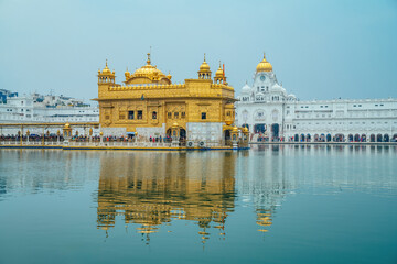 Golden Temple (Harmandir Sahib) in Amritsar, India. Sacred Sikh shrine covered in gold, surrounded by the holy Sarovar and known for its spiritual serenity.