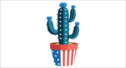 Patriotic Cactus Vector Illustration In American Flag Pot Isolated Image