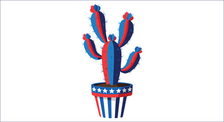 Patriotic Cactus In A Pot With American Flag Colors Vector Illustration