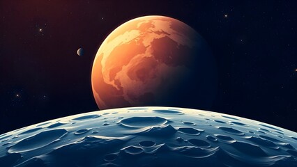 Space background with place for text. Surface of the planet with craters. Space decoration for your design. Stars and comets on dark background.