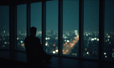 Sitting by the window looking at the city at night