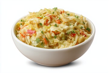 Freshly prepared sauerkraut salad in a bowl showcasing vibrant vegetables on a clean white background suitable for healthy eating recipes