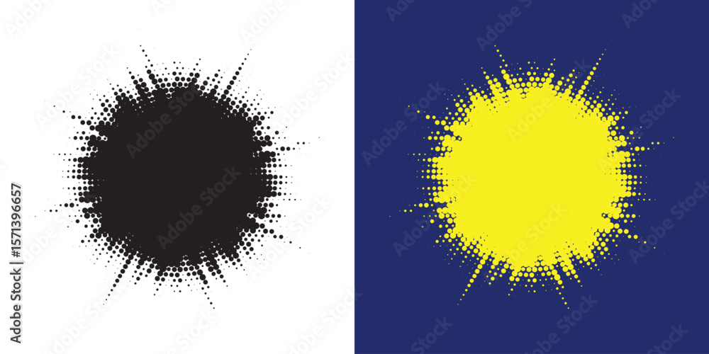 Poster Set of black halftone grunge circle. Vector modern dots halftone arts. Halftone circle frame background set. Round border Icon using halftone random circle. Grunge circular stain. Vector illustration.