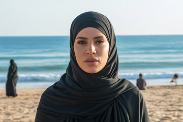 Close up of woman in black hijab at the beach