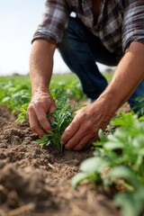 Fototapeta premium Caucasian male adult planting seedlings in field.