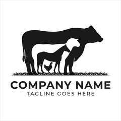Farm Animals Logo Design featuring Cow, Horse and Chicken Silhouettes standing on Grass against a white background suitable for branding purposes